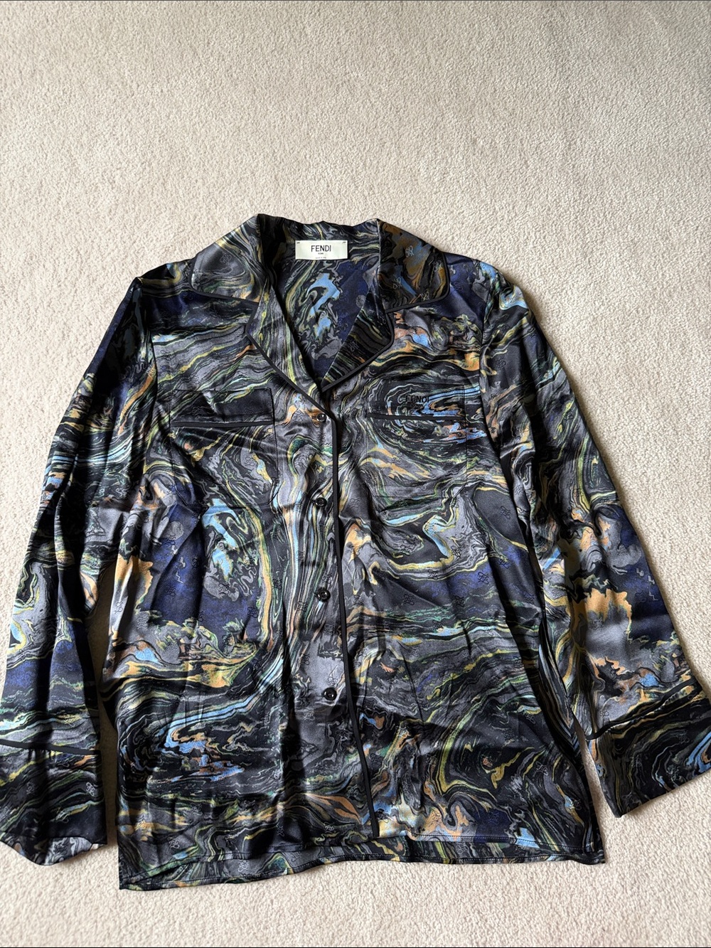 Fendi Women’s Marble-Print Silk Button-Down Shirt